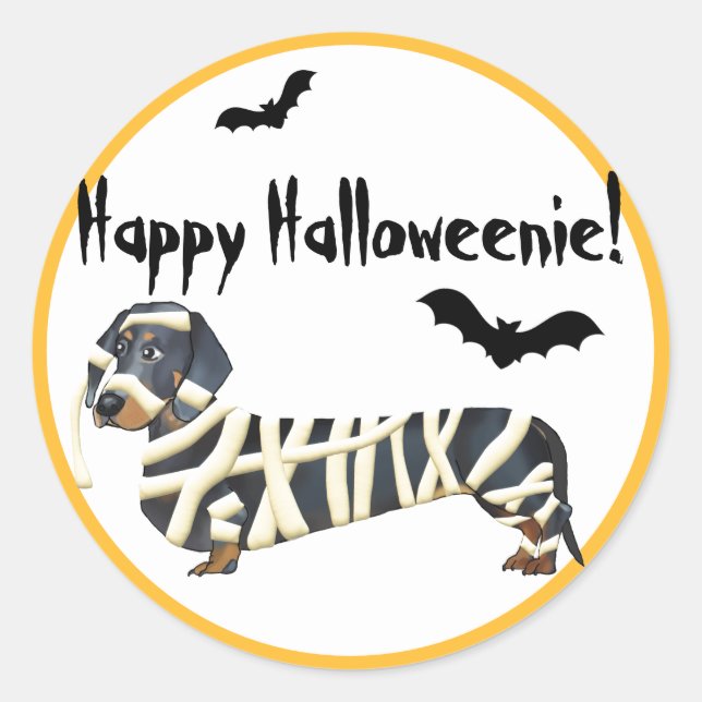 Happy Halloweenie Halloween Dachshund Mummy Classic Round Sticker (Front)