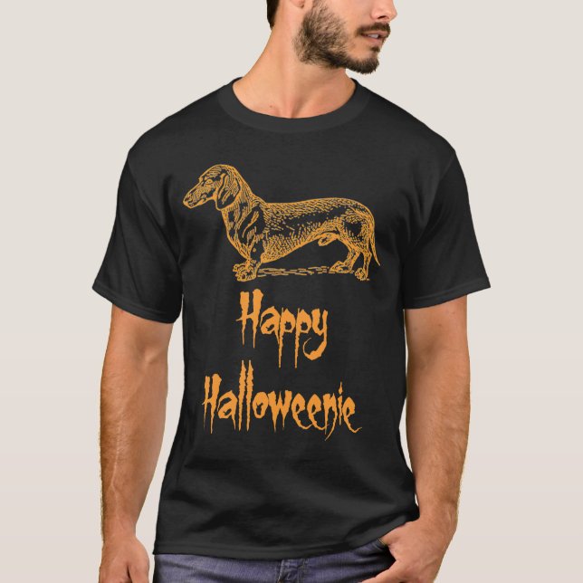 Happy Halloweenie Orange Halloween Dachshund Dog T-Shirt (Front)