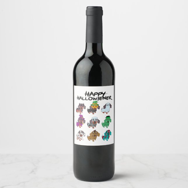 Happy Halloweenie Tee Halloween Dachshund Dog Idea Wine Label (Front)