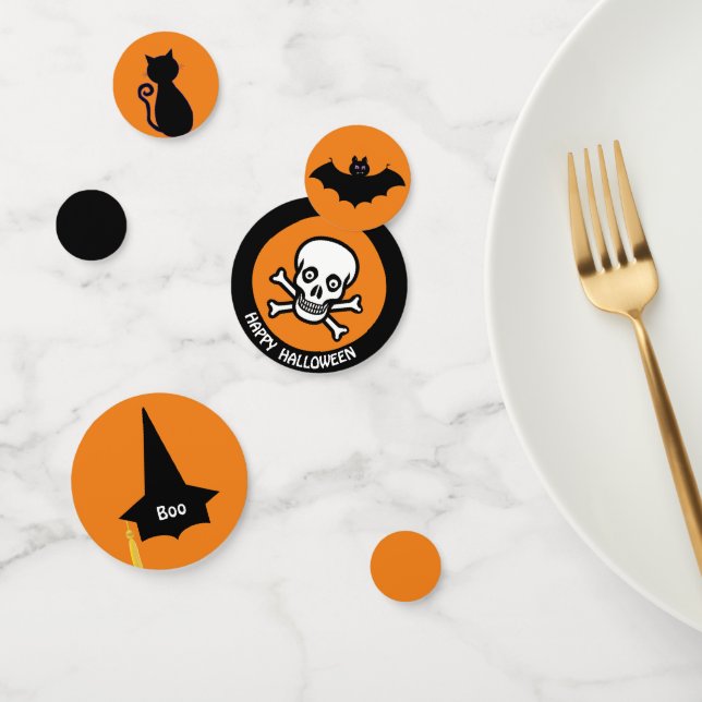 Happy Hallowen Skull, black cat, witch hat & bat Confetti (Group)