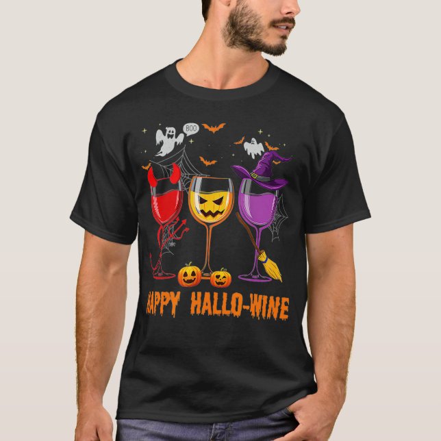 Happy HalloWine Funny Halloween Glass Wine Lover T-Shirt (Front)