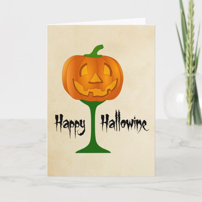 Happy Hallowine Pumpkin Wine Glass Halloween Card (Front)