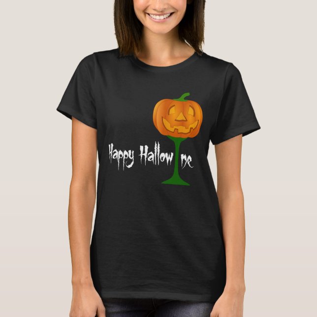 Happy Hallowine Pumpkin Wine Glass Halloween T-Shirt (Front)
