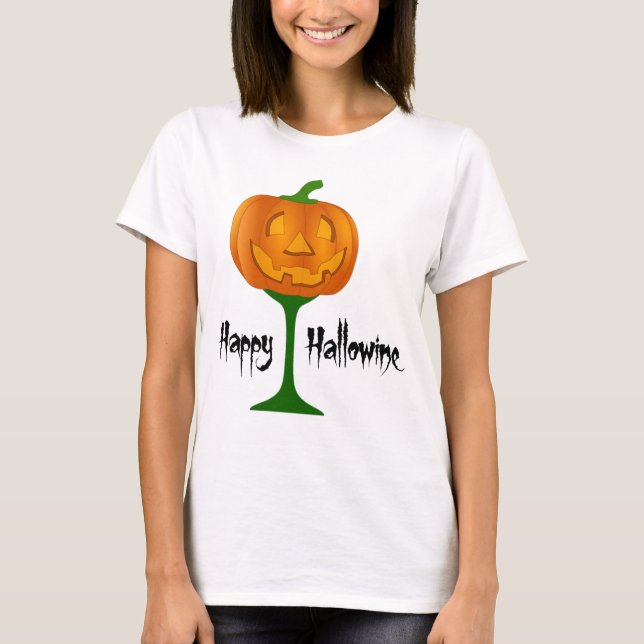 Happy Hallowine Pumpkin Wine Glass Halloween T-Shirt (Front)