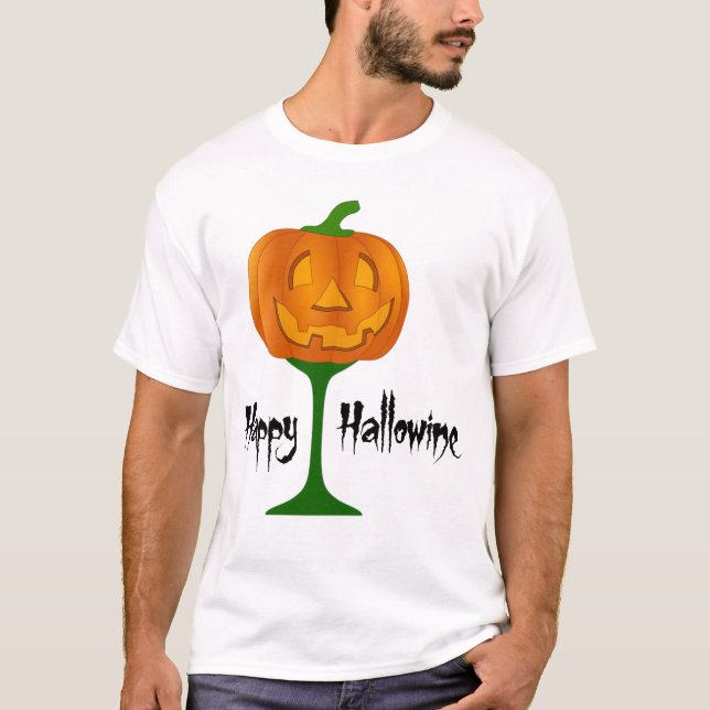 Happy Hallowine Pumpkin Wine Glass Halloween T-Shirt (Front)