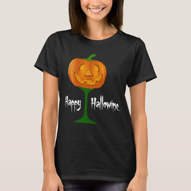 Happy Hallowine Pumpkin Wine Glass Halloween T-Shirt (Front)