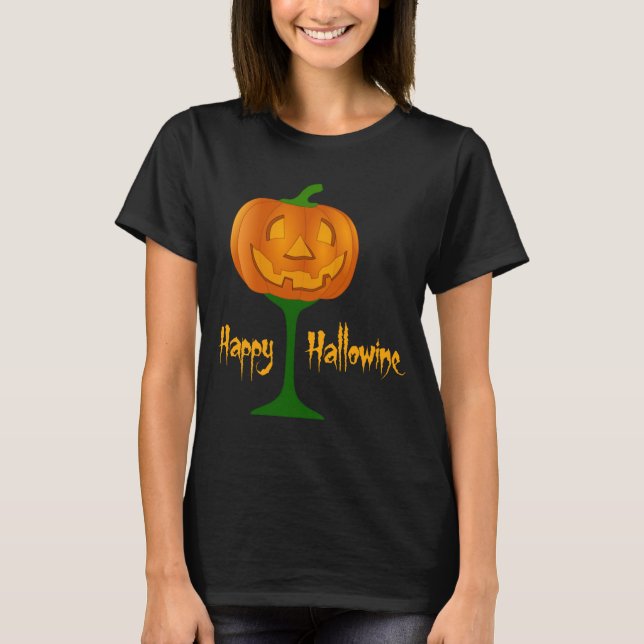 Happy Hallowine Pumpkin Wine Glass Halloween T-Shirt (Front)