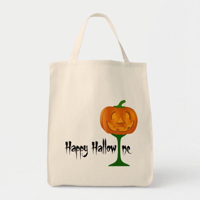 Happy Hallowine Pumpkin Wine Glass Halloween Tote Bag (Front)