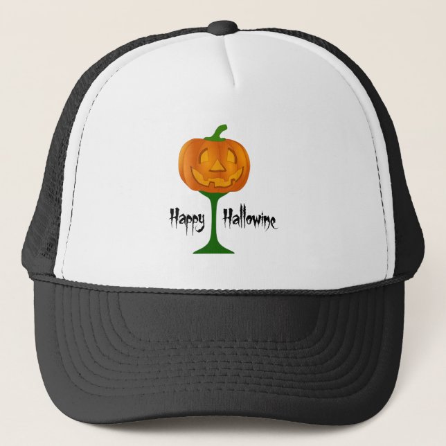 Happy Hallowine Pumpkin Wine Glass Halloween Trucker Hat (Front)