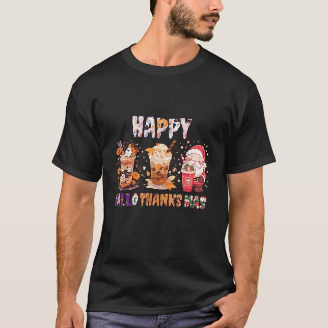 Happy Hallowthanksmas Iced Coffee Halloween Thanks T-Shirt (Front)