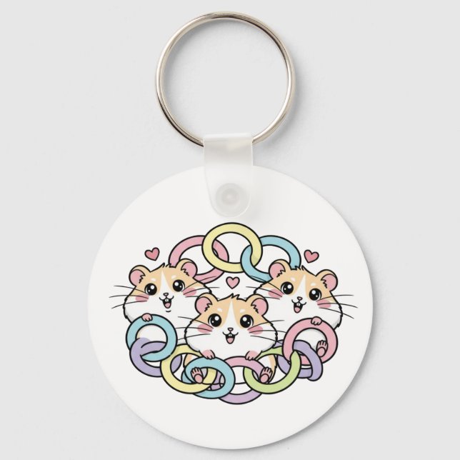 Happy Hamsters in Pastel Rings Key Ring (Front)