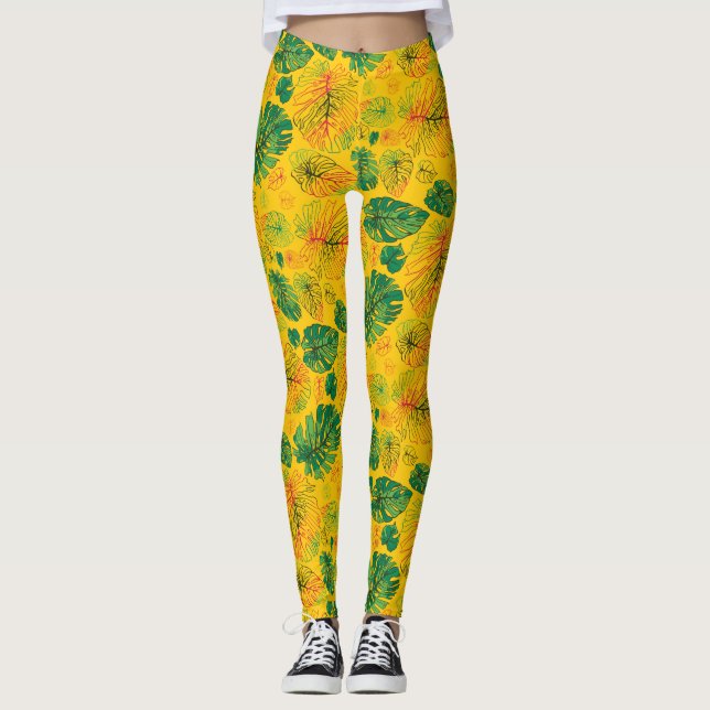 Happy Hand Drawn Monstera Yellow Coordinate Leggings (Front)