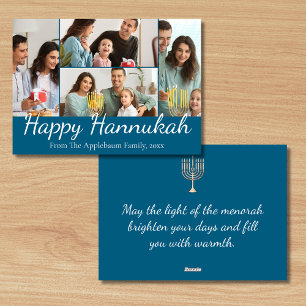 happy hannukah , 4 photos collage blue and white holiday card