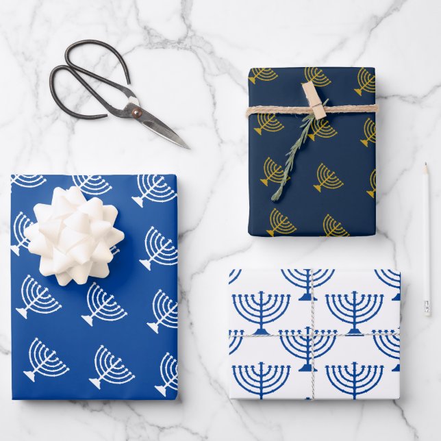 Happy Hannukah blue candle holder pattern Wrapping Paper Sheet (Front)