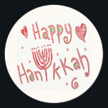 Happy Hannukah Classic Round Sticker<br><div class="desc">This fanciful Happy Hannukah design features a menorah in place of the “U” in the word, Hannukah. This spelling has become the most widely acceptable spelling in English so even if you usually spell it Hanuka or Chanukah, you cannot go wrong with this one. The red colour makes it cheery...</div>