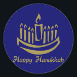 Happy Hanuikkah Menorah - Gold - Customisable Classic Round Sticker<br><div class="desc">Happy Hanuikkah Menorah - Gold - Customisable - please feel free to change the background colours - colours chosen are just an example.</div>
