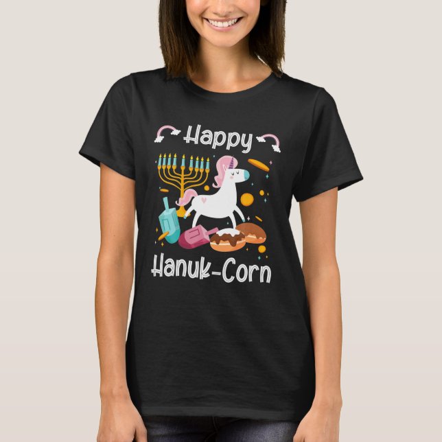Happy Hanuk Corn Menorah Unicorn Hanukkah Jewish T-Shirt (Front)