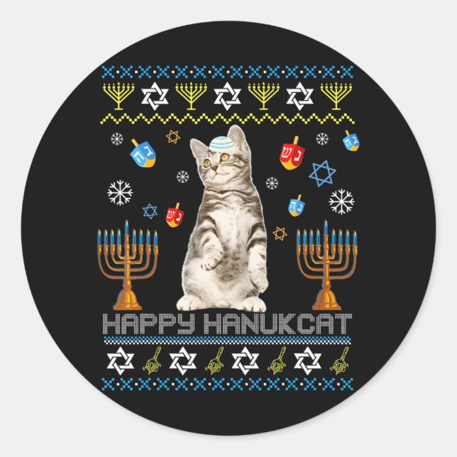 Happy Hanukcat Ugly Hanukkah Maine Coon Cat Classic Round Sticker (Front)