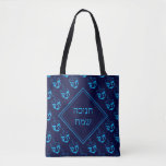HAPPY HANUKKAH חנוכה שמח Dreidel Tote Bag<br><div class="desc">Stylish midnight navy blue TOTE BAG to celebrate HANUKKAH. Navy and cyan blue colour theme with all over cyan DREIDEL print. There is customisable placeholder text on the front which says HANUKKAH BLESSINGS in Hebrew, and on the back, so you can personalise with your own greeting and/or name. Other versions...</div>