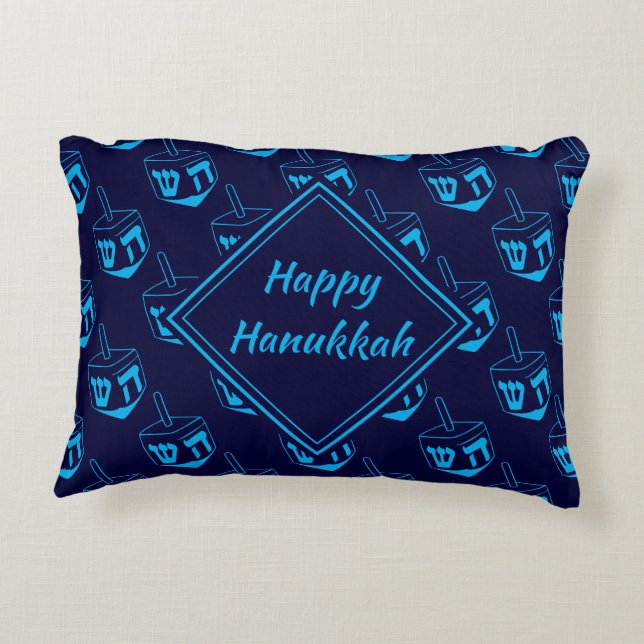 HAPPY HANUKKAH חנוכה שמח Hebrew Dreidel NAVY CYAN Decorative Cushion (Back)