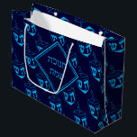 HAPPY HANUKKAH חנוכה שמח Hebrew Dreidel NAVY CYAN Large Gift Bag<br><div class="desc">This stylish midnight blue gift bag with all over cyan dreidel print would make an excellent choice for presenting your gifts during Hanukkah. The front says חנוכה שמח (Happy Hanukkah) and the back shows customisable placeholder text. Matching gifts and home decor ideas are available in the HANUKKAH Collection by Berean...</div>