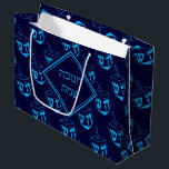 HAPPY HANUKKAH חנוכה שמח Hebrew Dreidel NAVY CYAN Large Gift Bag<br><div class="desc">This stylish midnight blue gift bag with all over cyan dreidel print would make an excellent choice for presenting your gifts during Hanukkah. The front says חנוכה שמח (Happy Hanukkah) and the back shows customisable placeholder text. Matching gifts and home decor ideas are available in the HANUKKAH Collection by Berean...</div>