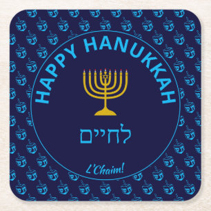 Happy Hanukkah לחיים L'Chaim Blue Dreidel Square Paper Coaster