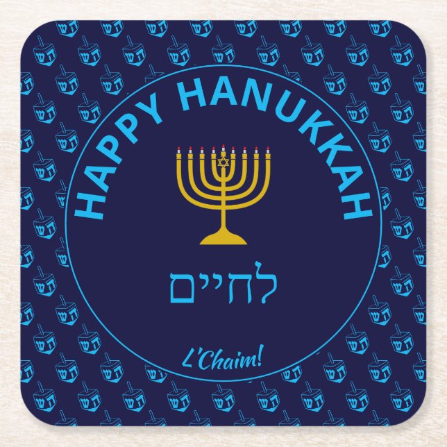 Happy Hanukkah לחיים L'Chaim Blue Dreidel Square Paper Coaster (Front)