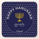 Happy Hanukkah לחיים L'Chaim Star of David Square Paper Coaster<br><div class="desc">Stylish blue Happy Hanukkah COASTER featuring curved text in silver grey typography. In the centre there is a gold-coloured menorah and לחיים (which means 'To Life'). The bottom curved text says 'L'CHAIM' ('To Life'), which is the equivalent of 'Cheers'. The text is customisable, so you can change Hanukkah to Chanukah...</div>