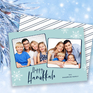 Happy Hanukkah 2 Photos Snowflakes Holiday Card