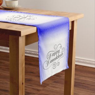 Happy Hanukkah 2-tone Blue White Background Short Table Runner