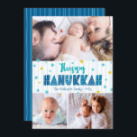 Happy Hanukkah 3 Photo Modern Typography Gold Star Holiday Card<br><div class="desc">“Happy Hanukkah.” Fun, playful, whimsical handcrafted typography along with a random Star of David pattern in light blue and faux gold foil, all overlaying light aqua blue hand drawn lines on a white background, along with 3 photos of your choice, help you usher in Hanukkah. Hand drawn turquoise lines overlay...</div>