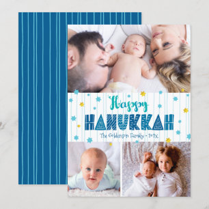 Happy Hanukkah 3 Photo Modern Typography Gold Star Holiday Card