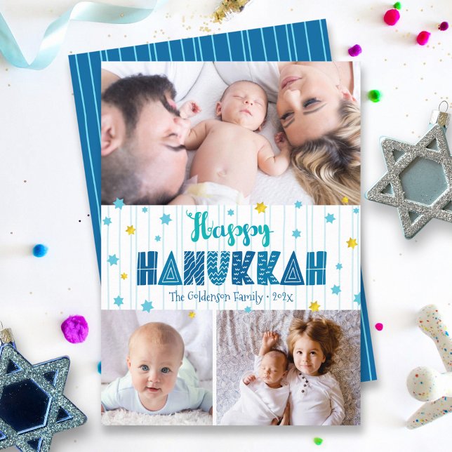 Happy Hanukkah 3 Photo Modern Typography Gold Star Holiday Card (Creator Uploaded)