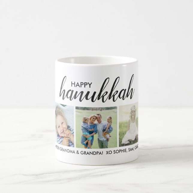 Happy Hanukkah 3 Photos and Custom Text Coffee Mug (Center)