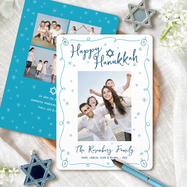 Happy Hanukkah 5 Photo Hand Drawn Doodle Whimsical Holiday Card (Creator Uploaded)