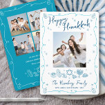 Happy Hanukkah 5 Photo Whimsical Hand Drawn Doodle Holiday Card<br><div class="desc">“Happy Hanukkah.” It's that time to touch base with your family and friends to celebrate Hanukkah and usher in the festival of lights. On the front, fun, whimsical navy blue handwritten script typography and turquoise teal blue hand drawn Hanukkah icon doodles, along with the photo of your choice, overlay a...</div>
