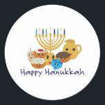 Happy Hanukkah and cute Hanukkah characters Classic Round Sticker<br><div class="desc">Happy Hanukkah and cute Hanukkah characters</div>