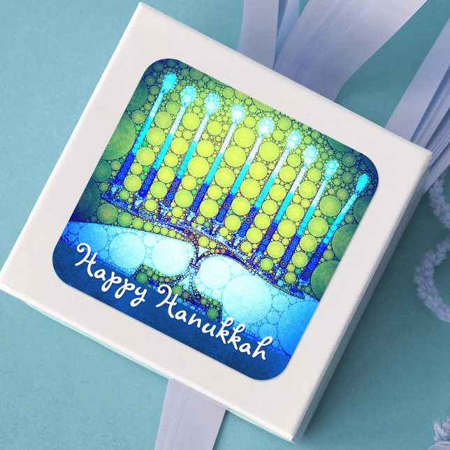 Happy Hanukkah Artsy Turquoise Blue Green Menorah Square Sticker (Creator Uploaded)