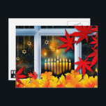 Happy Hanukkah! Autumn Theme Holiday Postcard<br><div class="desc">Happy Hanukkah. Autumn Window Scene Painting with Star of David Ornaments Hanukkah customisable Postcards. Matching cards and gifts available in the Jewish Holidays / Hanukkah  Category of our store.</div>