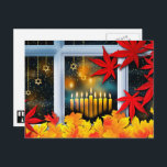 Happy Hanukkah! Autumn Theme Holiday Postcard<br><div class="desc">Happy Hanukkah. Autumn Window Scene Painting with Star of David Ornaments Hanukkah customisable Postcards. Matching cards and gifts available in the Jewish Holidays / Hanukkah  Category of our store.</div>