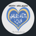 Happy Hanukkah, Baked with Love Classic Round Sticker<br><div class="desc">Personalise these Happy Hanukkah, Baked with Love stickers with your name or family name. These custom tags are perfect for your Hanukkah holiday baking, whether it be challah breads, rugelachs, or jam-filled sufganiyots. Blue, silver, and yellow heart design with stylised typography, adorned with a Star of David. If you bake...</div>