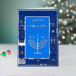 Happy Hanukkah Beautiful Jewish Holiday<br><div class="desc">Happy Hanukkah Beautiful Jewish Holiday Greeting Card / Invitation. Jewish Holiday Hanukkah Vintage Jerusalem gold frame, navy blue background with traditional Chanukah symbols - Gold Menorah, Hanukkiah Candelabrum and Candles, wooden dreidels (spinning top), doughnuts, star of David and glowing lights wallpaper pattern. Hanukkah Festival Decoration. Jerusalem, Israel. Invitations & Stationery,...</div>