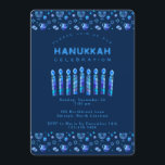 Happy Hanukkah Beautiful Jewish Holiday Invitation<br><div class="desc">Happy Hanukkah Party Invitation Beautiful Jewish Holiday Card. Jewish Holiday Chanukkah background with traditional Chanuka decorative symbols - wooden dreidels (spinning top), doughnuts, hanukkiah menorah, candles, star of David and glowing lights wallpaper navy blue pattern. Hanukkah Festival of lights Event Decoration. Jerusalem, Israel. Invitations & Stationery > Invitations & Announcements...</div>