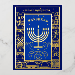 Happy Hanukkah Beautiful Jewish Holiday Menorah Foil Invitation Postcard
