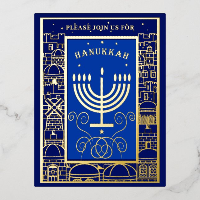 Happy Hanukkah Beautiful Jewish Holiday Menorah Foil Invitation Postcard (Front)