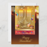 Happy Hanukkah Beautiful Menorah Jewish Holiday Invitation<br><div class="desc">Happy Hanukkah Beautiful Jewish Holiday Invitation Card. Jewish Holiday Hanukkah background with traditional Chanukah symbols - Gold Menorah, Hanukkiah Candelabrum and Candles, wooden dreidels (spinning top), doughnuts, star of David and glowing lights wallpaper pattern. Hanukkah Festival Decoration. Jerusalem, Israel. Invitations & Stationery > Invitations & Announcements > Holiday Party Invitations,...</div>