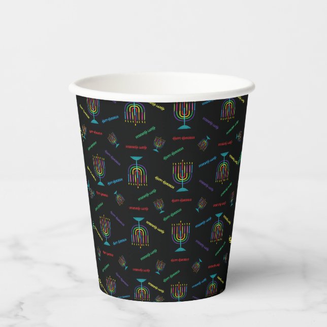 Happy Hanukkah Black Colourful Paper Cup (Front)