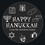 Happy Hanukkah black white custom name gift favour Classic Round Sticker<br><div class="desc">Happy Hanukkah,  customise family name gift favour stickers 
Happy Hanukkah,  Happy Chanukah,  Hanukkah Sameach!,  Chag Sameach!,  Chag Urim Sameach!
Black and white</div>