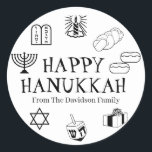 Happy Hanukkah black white custom name gift favour Classic Round Sticker<br><div class="desc">Happy Hanukkah,  customise family name gift favour stickers 
Happy Hanukkah,  Happy Chanukah,  Hanukkah Sameach!,  Chag Sameach!,  Chag Urim Sameach!
Black and white</div>